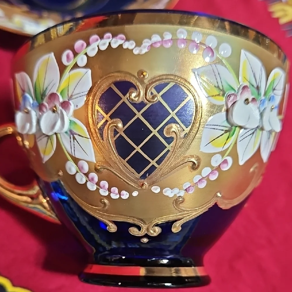 Vintage Bohemian Cobalt Blue Glass Tea Cup & Saucer Set 24K Gold High Enamel